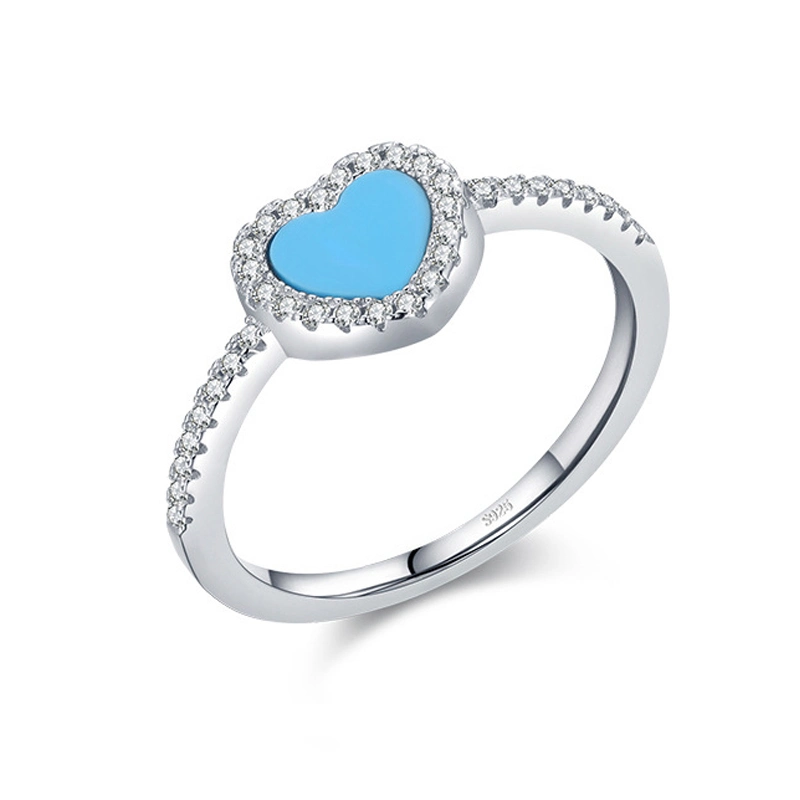 OEM Fashion Jewelry with Heart Turquoise Cubic Zirconia 18K Gold Plating 925 Silver Ring Valentine Gift Jewellery Ring for Women
