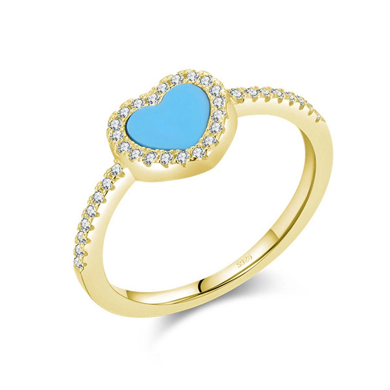 OEM Fashion Jewelry with Heart Turquoise Cubic Zirconia 18K Gold Plating 925 Silver Ring Valentine Gift Jewellery Ring for Women