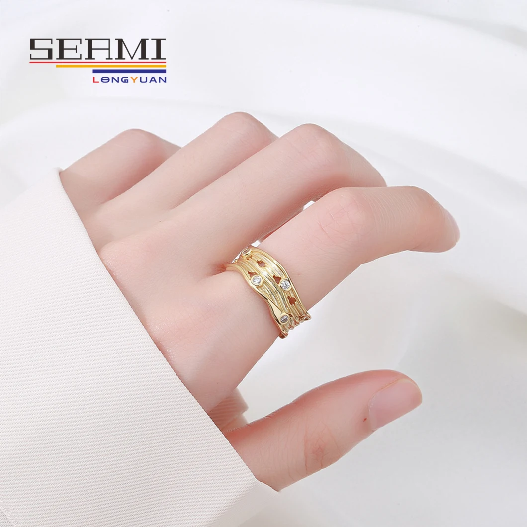 Antique Geometeric Gold Cubic Zirconia Adjustable Wave Ring for Women
