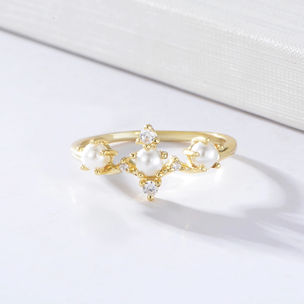 Unique Elegant Shining Prong Setting Real Gold Plated Female Artificial Pearl Ring