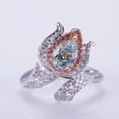 독특한 디자인 맞춤형 주얼리 꽃 약혼 반지 헤일로 블루 랩 성장 다이아몬드가 포함된 18K 화이트 골드 조절 링