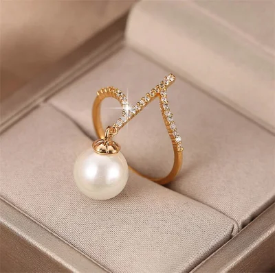 다이아몬드 금은 여성 음표 우아한 반지 흰색 담수 진주 반지