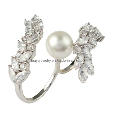 925 실버로 만든 여성 쥬얼리를위한 쉘 진주와 패션 다이아몬드 쥬얼리 두 손가락 반지