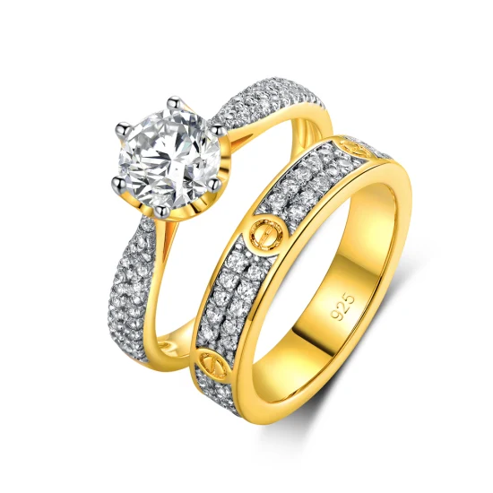 패션 주얼리 애인 선물 쥬얼리 황동 18K 골드 도금 커플 결혼 다이아몬드 반지 여성을위한 약혼 결혼 반지 2 조각 세트 금 도금 반지